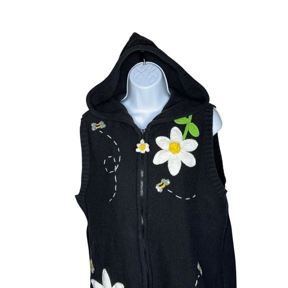 Quacker Factory Sweater Vest Daisy Bees Hooded Zip Up Embellished Embroidered Lg - Picture 7 of 11